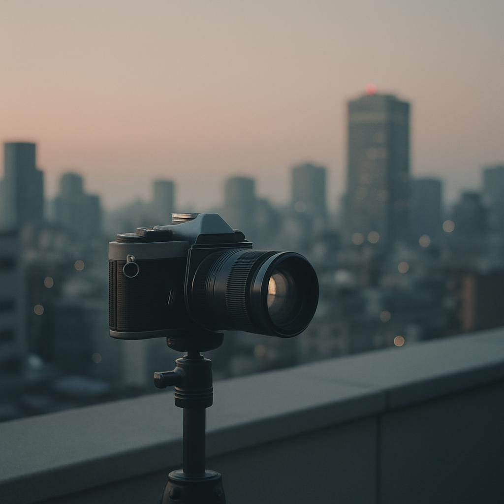 A camera mounted on a stand, overlooking a city skyline at dusk.