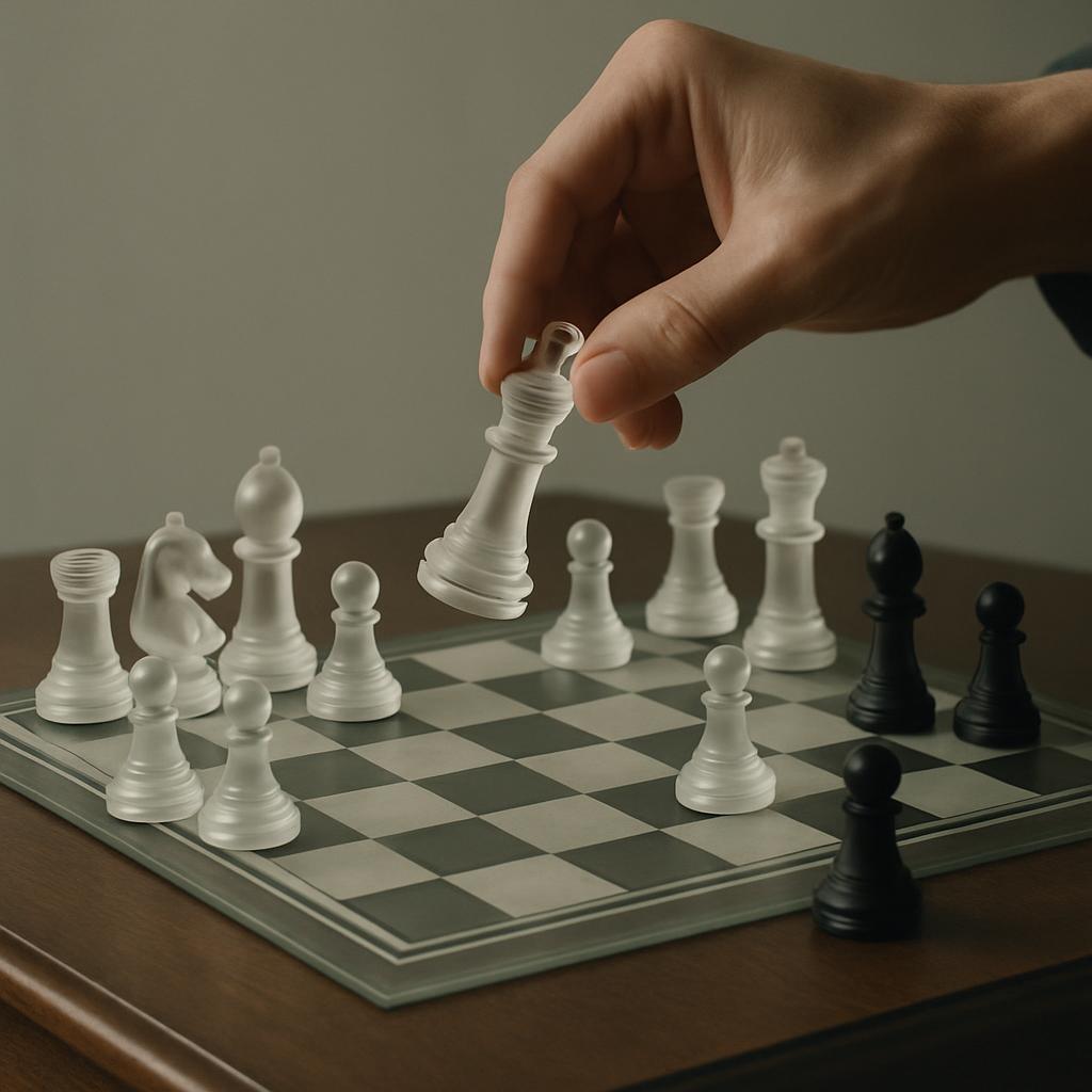 A hand about to play the white queen in a chess game on a wooden board, surrounded by black and white pieces.