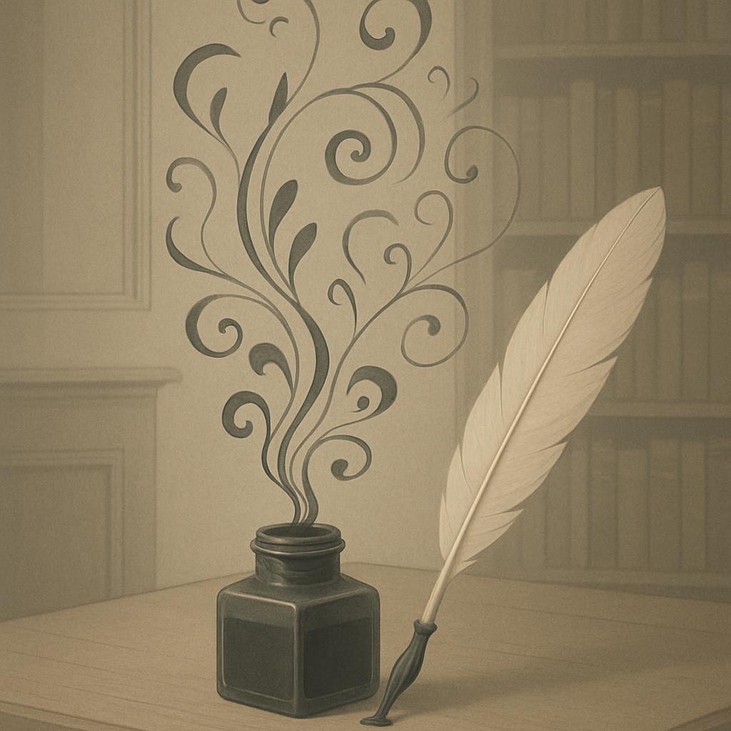 **A monochromatic image featuring a traditional quill and ink bottle.** A square, black ink bottle sits on a light wood de...